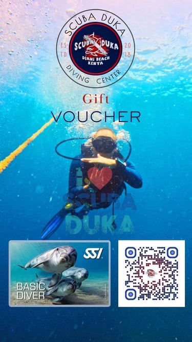 Scuba Duka Diani Beach Kenya scuba diving gift voucher featuring a diver underwater and SSI Basic Diver logo.