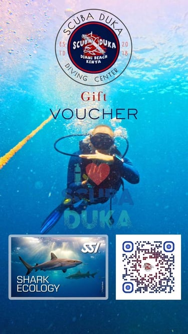 Scuba Duka diving center gift voucher featuring a scuba diver underwater and SSI shark ecology course logo.
