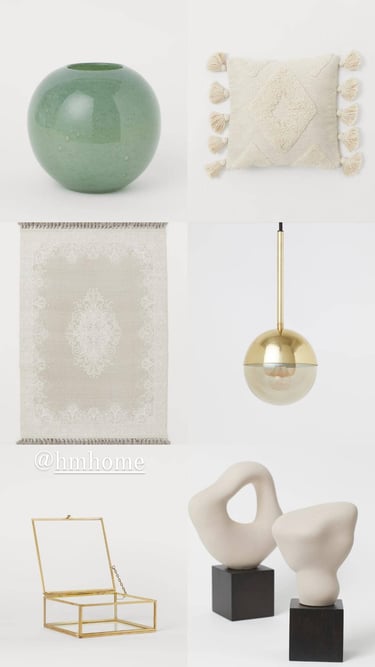 Minimalist home decor collection featuring a green glass vase, tassel pillow, gold pendant light, and abstract sculptures.