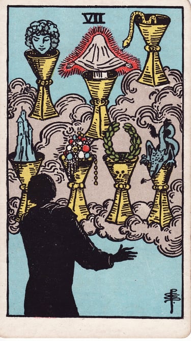 Seven of Cups meaning upright and reversed tarot card reading