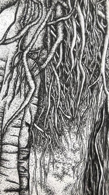 Ink drawing of an ancient banyan tree intertwined with aerial roots
