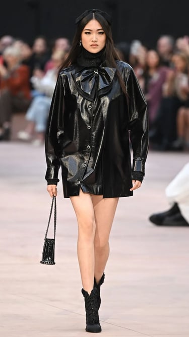 Model in black patent oversized shirt dress with bow at Chanel FW25/26.