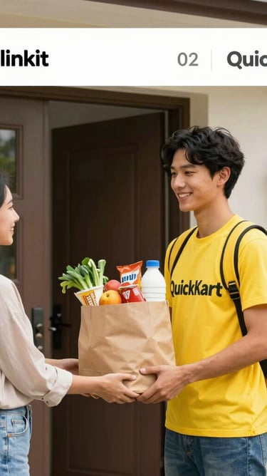 A smiling delivery person handing a grocery bag to a happy customer at their doorstep