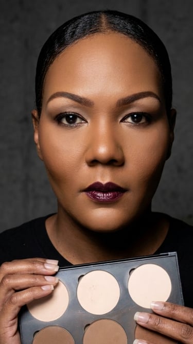 Black woman with plum lipstick holding a professional contour and highlight makeup palette.