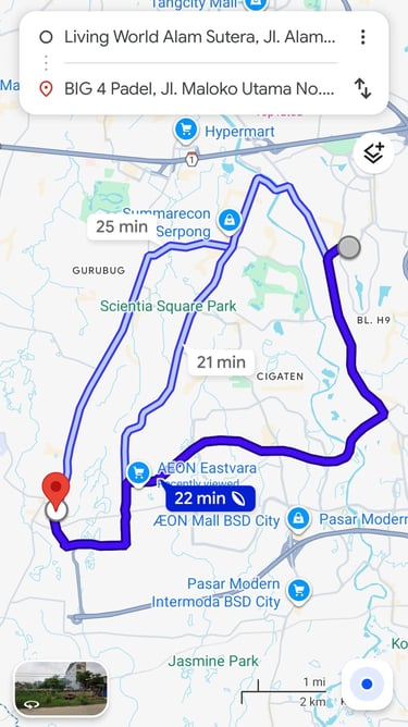 jarak waktu tempuh dari mall living world alam sutera menuju big 4 padel bsd