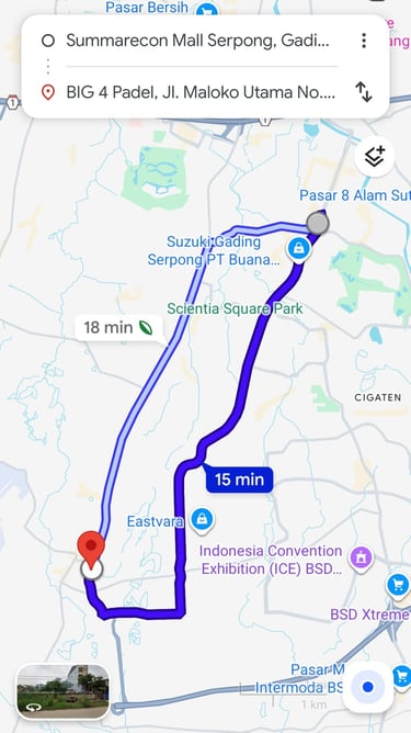 jarak waktu tempuh dari mall sms gading serpong menuju big 4 padel bsd