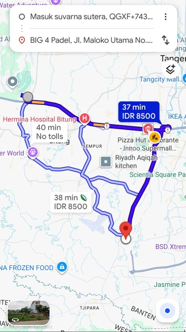 jarak waktu tempuh dari suvarna sutera ke big 4 padel