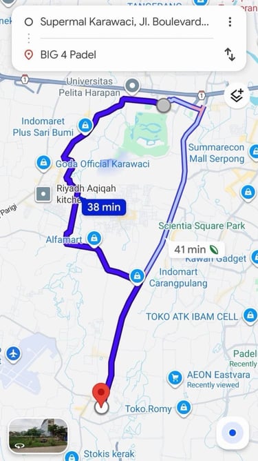 Jarak waktu tempuh dari supermall karawaci menuju big 4 padel bsd