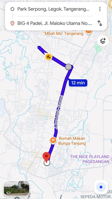 jarak waktu tempuh dari park serpong menuju big 4 padel bsd
