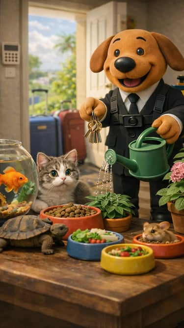 pack vacances avec arrosage des plantes, nourrissage animalier et vérification de domicile. 