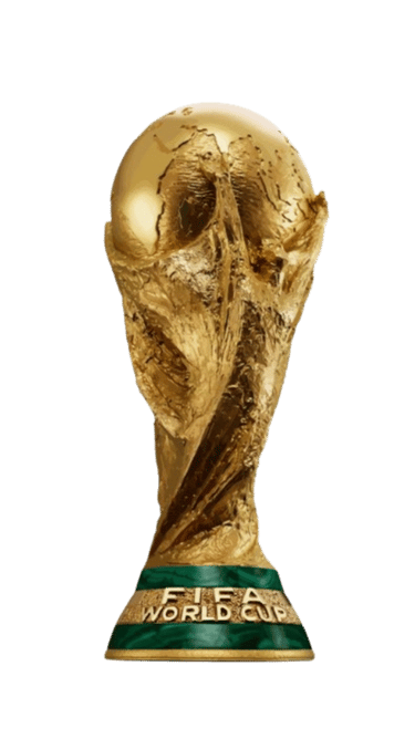 Golden FIFA World Cup trophy with green malachite rings against a black background