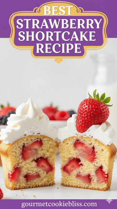 A halved strawberry shortcake cupcake showcasing its fluffy interior and fresh strawberry pieces.