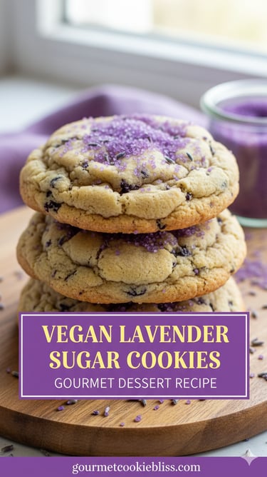 A stack of three incredibly moist vegan lavender sugar cookies, featuring prominent lavender specks