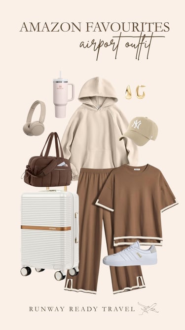 Photo Collage showing womens stylish airport outfit - neutral tones, Adidas sneakers and NYC cap