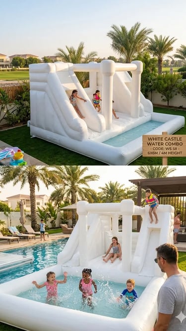 Children playing on a large white inflatable water slide and bounce house with a splash pool in a sunny backyard.