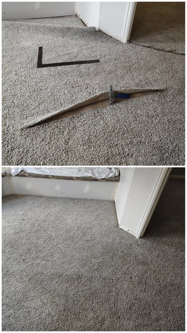 Before and after a major flood damaged this carpet in Price, UT. We precisely repaird it.