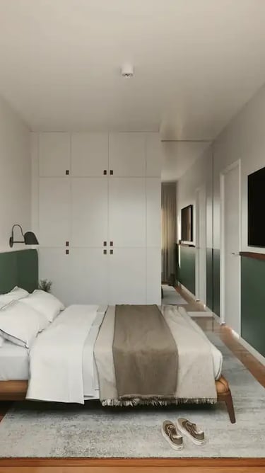 Diseño Interior de dormitorio. Colores Neutros. Diseño moderno y contemporaneo