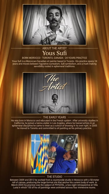 Artist Yous Sufi profile showcasing oil paintings and Moroccan-Canadian surrealist art biography.