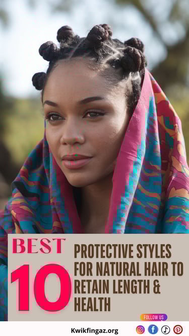 A striking side-profile shot of a woman with well-defined Bantu knots, her skin glowing under natural light, exuding confiden