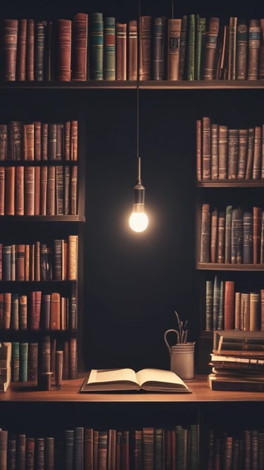 A bookstore with shelves filled with a variety of books arranged neatly. There is a table in the foreground stacked with several different books with colorful covers, featuring notable authors and titles. Books are stacked both vertically and horizontally, showcasing different genres.
