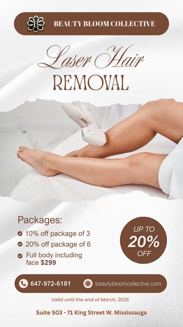 Professional laser hair removal treatment on legs at Beauty Bloom Collective clinic in Mississauga.