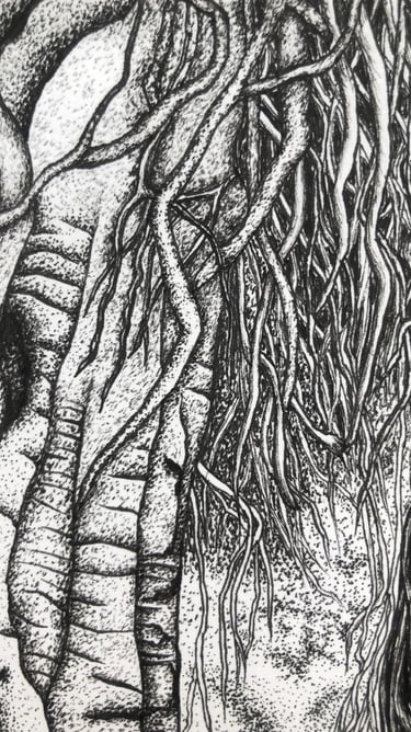 Ink drawing of an ancient banyan tree intertwined with aerial roots