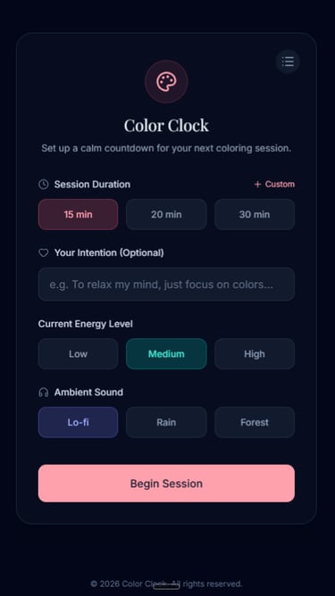 first screen of a web app called Color Clock, a meditative coloring timer for coloring enthusiasts