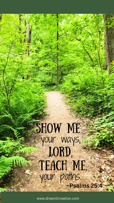 a path leading through a forest with a quote from Psalm 25