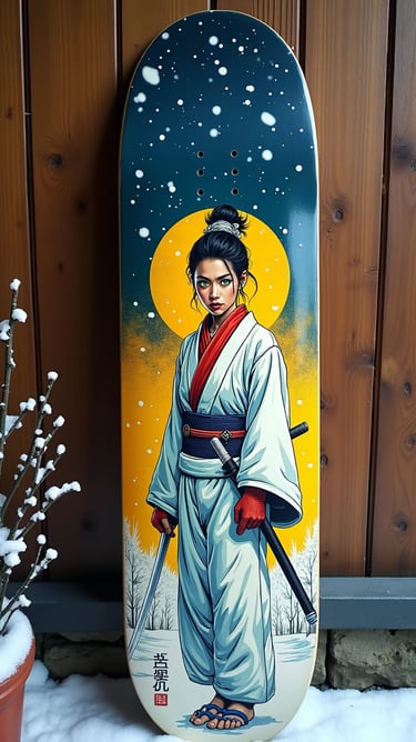 Custom skateboard deck featuring a female samurai warrior in a snowy landscape with a yellow moon.