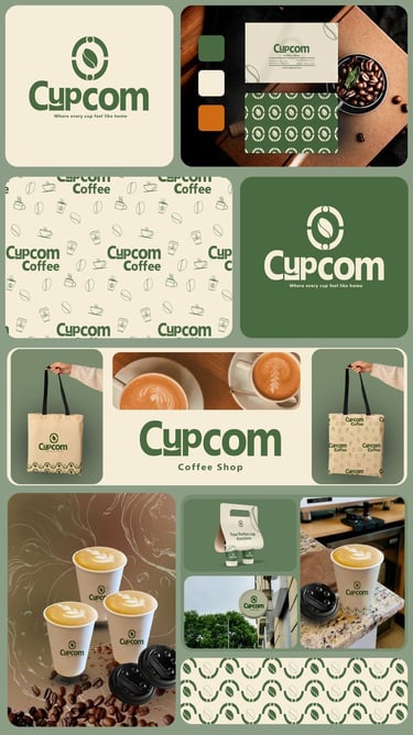 Cupcom coffee shop brand identity design featuring logo, business cards, tote bags, and takeaway cups.