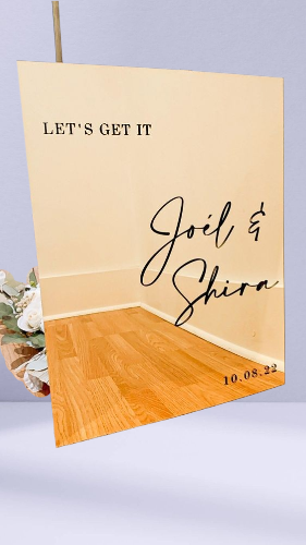 Chic gold acrylic wedding sign for Joël & Shira with date.