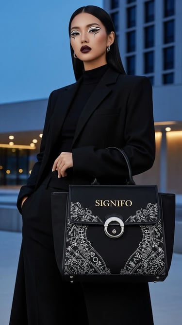 Seorang wanita dengan riasan mata dramatis bergaya "sorceress" memegang tas SIGNIFO hitam.