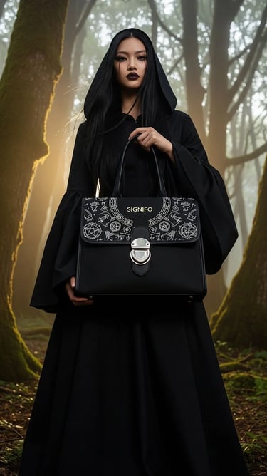 Wanita berjubah hitam memegang tas SIGNIFO "Book of Shadows" di tengah hutan berkabut.