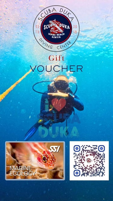 Scuba Duka Diani Beach Kenya diving center gift voucher featuring a scuba diver underwater and SSI Marine Ecology course