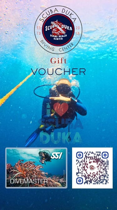 Scuba Duka gift voucher for Diani Beach Kenya diving center featuring a scuba diver underwater.