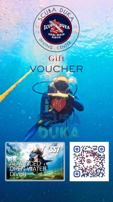 Scuba Duka diving gift voucher for an SSI Advanced Open Water Diver course in Diani Beach, Kenya.