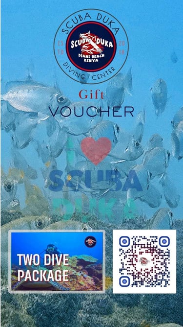 Scuba Duka Diani Beach diving gift voucher for a two dive package with a school of fish underwater.