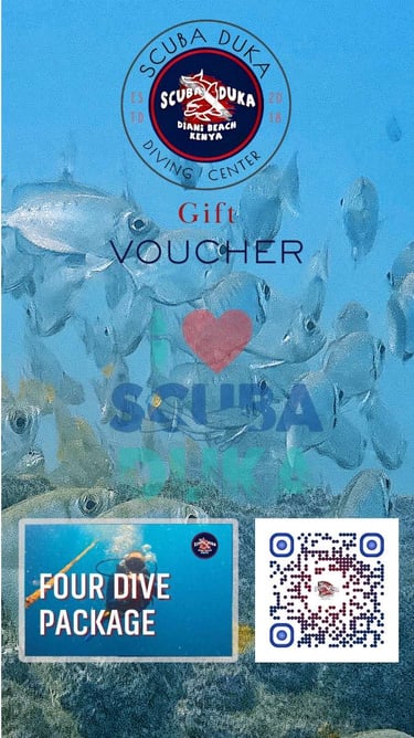 Scuba Duka Diving Center gift voucher for a four dive package in Diani Beach Kenya.