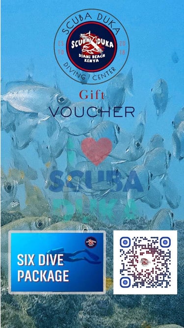 Scuba Duka Diani Beach Kenya gift voucher for a six dive package featuring schooling fish underwater.