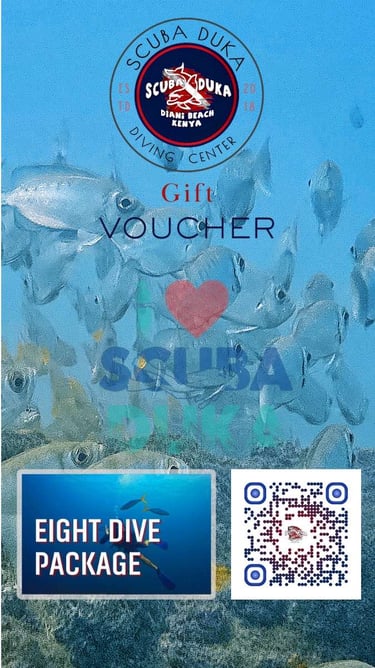Scuba Duka eight dive package gift voucher for scuba diving in Diani Beach Kenya.