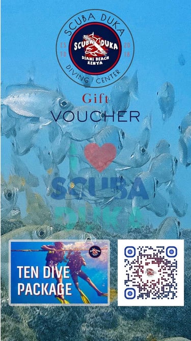 Scuba Duka diving gift voucher for a ten dive package in Diani Beach Kenya featuring a school of fish.
