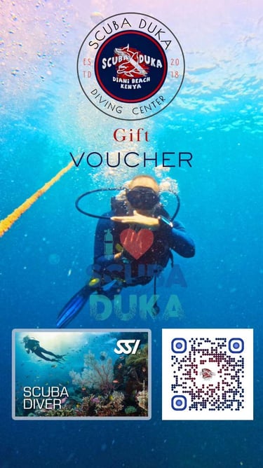 Scuba Duka diving center gift voucher featuring a diver underwater in Diani Beach Kenya with SSI logo and QR code.