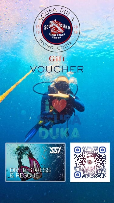 Scuba Duka diving center gift voucher featuring a scuba diver underwater and SSI stress and rescue course info.