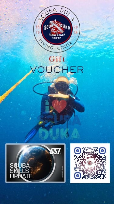 Scuba Duka diving center gift voucher featuring a scuba diver in Diani Beach Kenya with SSI logo.