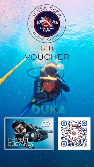 Scuba Duka gift voucher for diving courses at Diani Beach Kenya with SSI Perfect Buoyancy certification.
