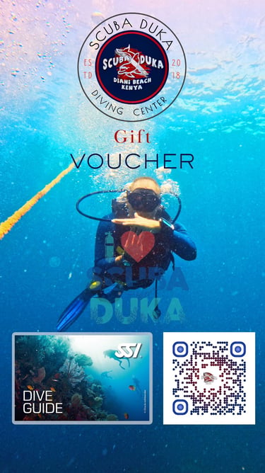 Scuba Duka Diani Beach Kenya diving gift voucher featuring a scuba diver underwater and SSI dive guide logo.