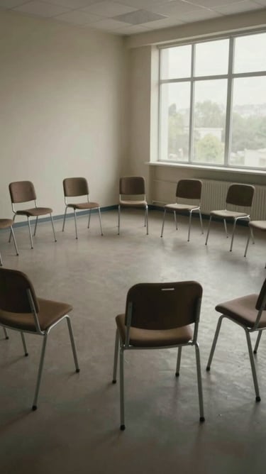 Side-angle environmental wide shot of a group therapy circle — empty chairs arranged in a close ring in a quiet clinical room, overcast light from a high window casting soft even shadows, muted warm gray floor, no people present, calm institutional stillness
