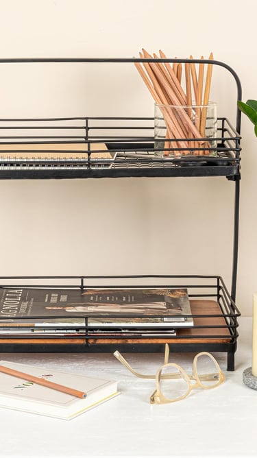  Creative Co-Op 2-Tier Acacia Wood & Metal Stand