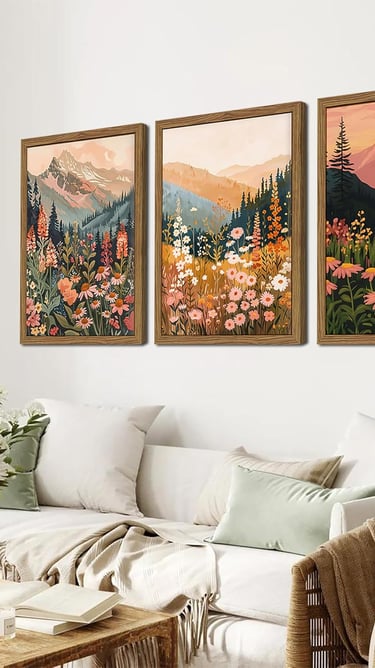 Boho Colorful Landscape wall art Wildflower Mountain Wall Decor Vintage Floral Forest Paintings Rust