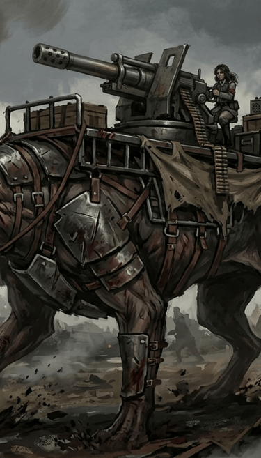 A giant armored beast carrying a mounted gun turret through a smoky fantasy battlefield.